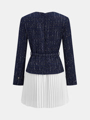 Pleated Hem Panel Tweed Belted Mini Dress