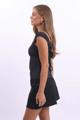 Black Polka Dot Tie Front Top Short Sleeve Lace Tape Detail
