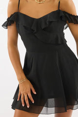 Black Mini Dress Ruffle Detail Chiffon