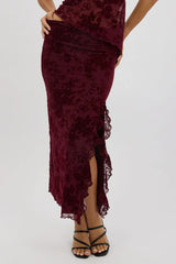 Red Maxi Skirt High Rise Ruffle Frill Hem Burnout
