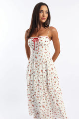 White Floral Maxi Dress Satin Tape Detail