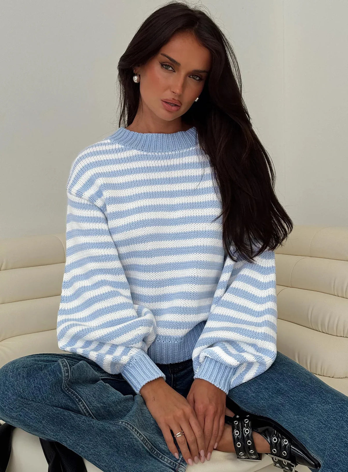 Harmony Balloon Sleeve Knit Sweater Blue / White Stripe