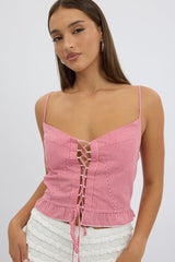 Red Check Corset Top Sleeveless Lace Up