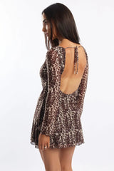 Brown Animal Print Mini Dress Long Sleeve