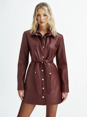 Double-Collar PU Leather Shirt Dress