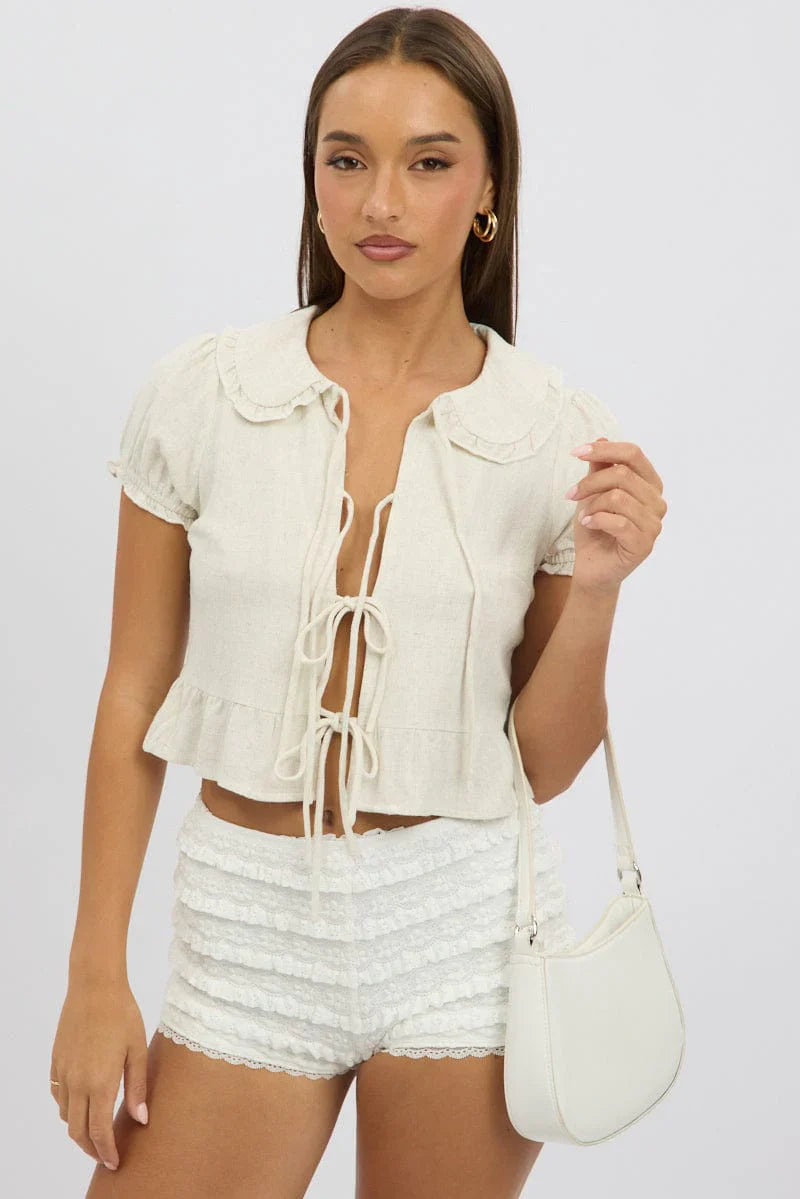 Beige Tie Front Top Collared