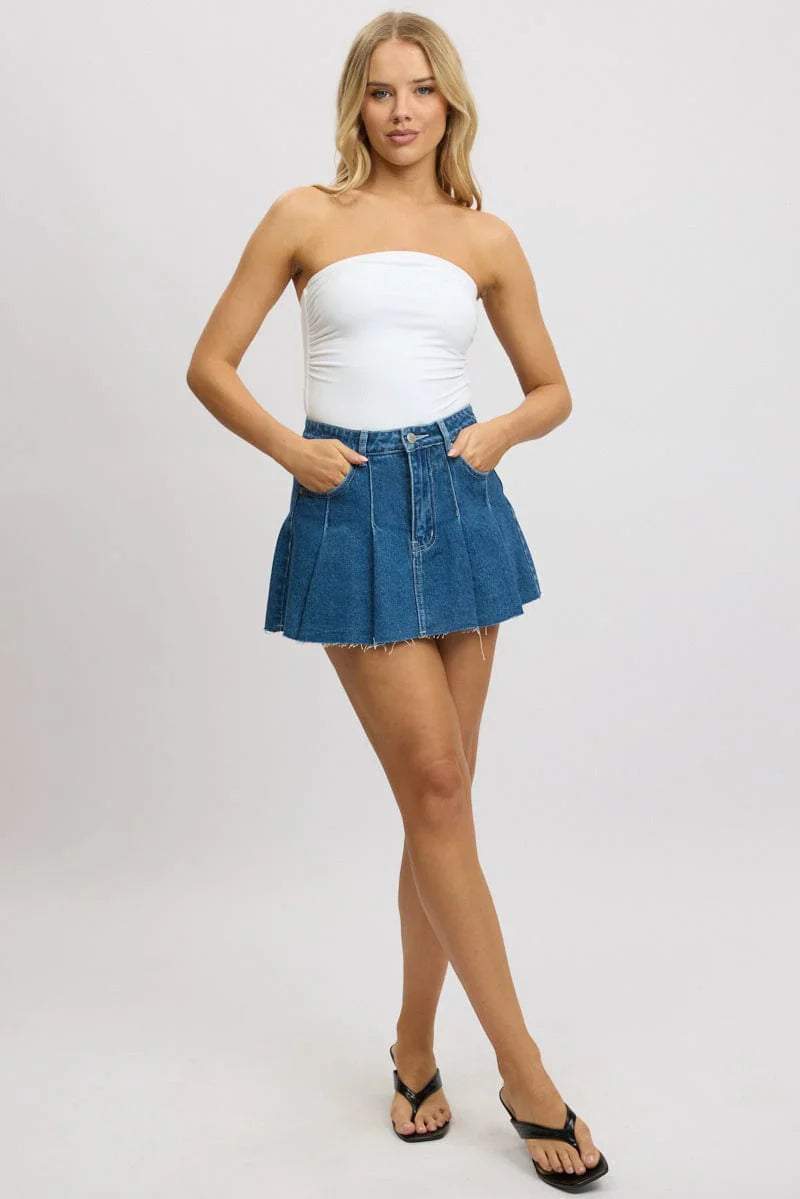 Denim Pleated Skirt High Rise Mini