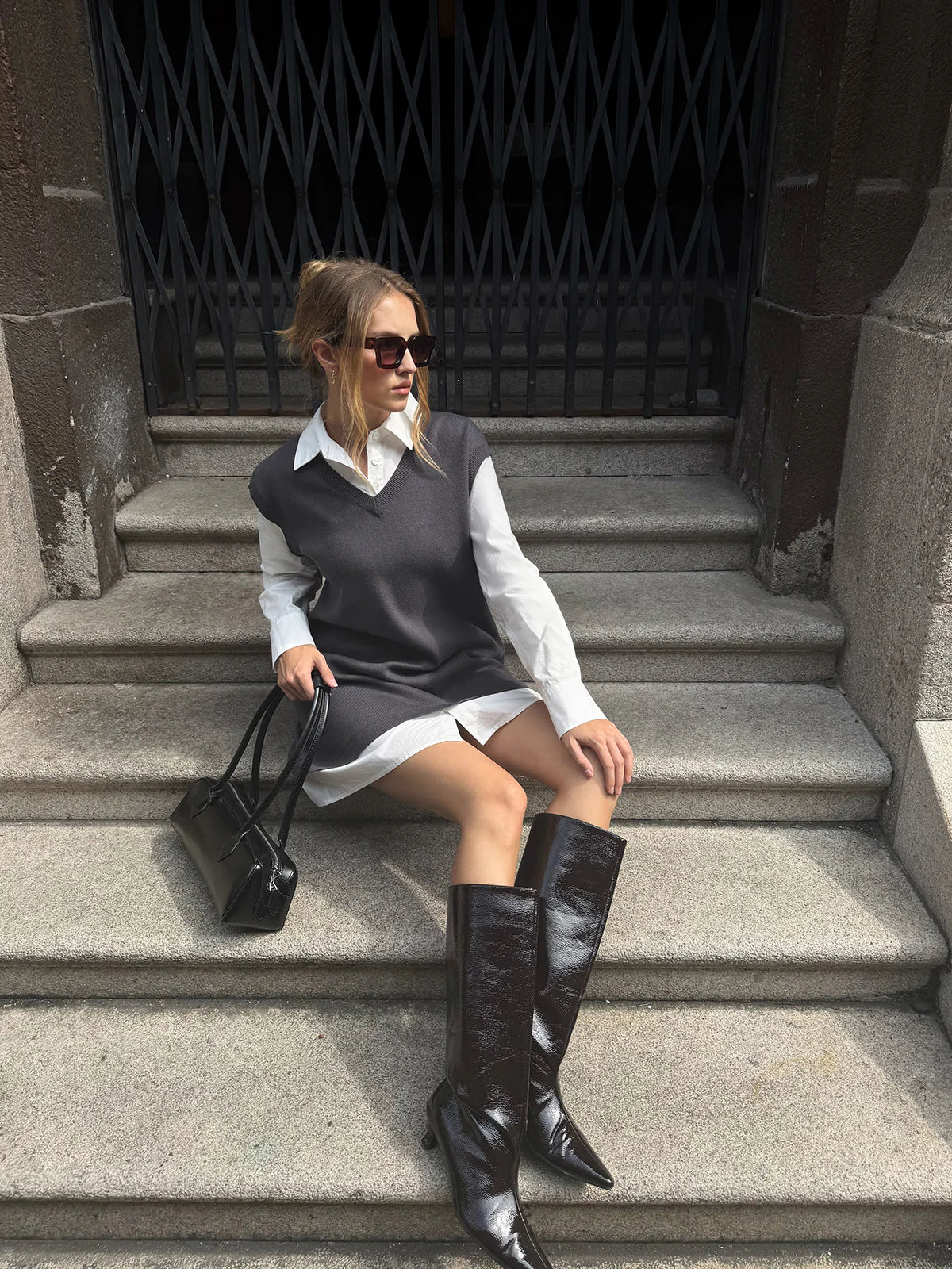 2 in 1 Shirt Paneled Knit Mini Dress