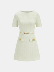 Metal Detail Tweed Belted Mini Dress
