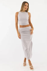 Grey Gathered Midi Skirt High Rise Bengaline Split