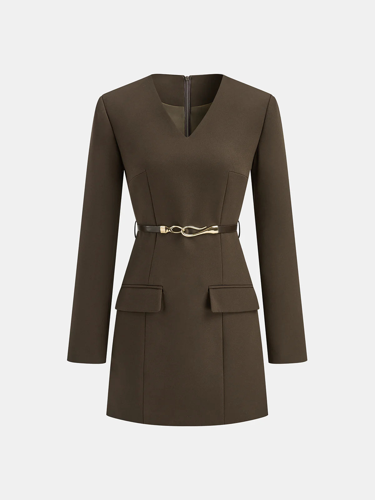Belted V-Neck Tailored Dress