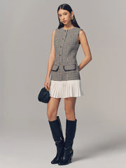 Houndstooth Sleeveless Pleated Hem Mini Dress