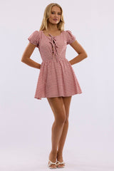 Red Check Mini Dress Ribbon Detail