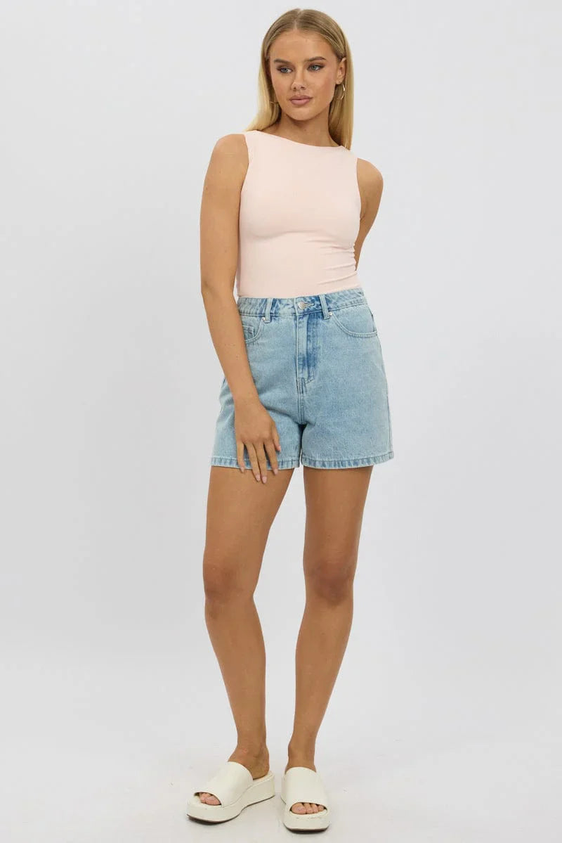 Denim Relaxed Shorts Mid Rise Bow Tie