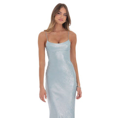 Crinkle Satin Open Back Maxi Dress in Sky Blue