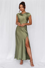 Beacnlady The Valentina Cap Sleeve Satin Maxi Dress Olive