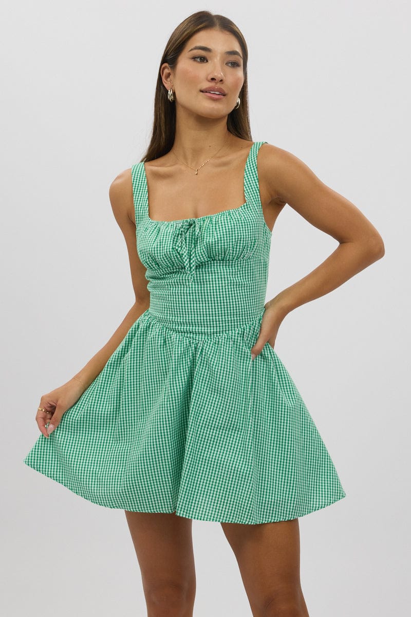 Green Check Fit And Flare Dress Mini