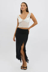 Black Maxi Skirt High Rise Ruffled Slit  Frill Hem Mesh