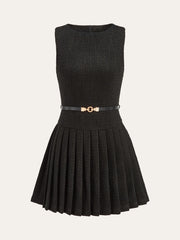 Tweed Sleeveless Pleated Mini Dress with Belt