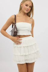 White Mini Skirt Elastic Waist Layered Broidery Eyelet
