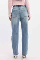 Denim Straight Jeans High Rise Knee Slit