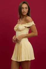 Yellow Mini Dress Pleated Skirt Gathered Bust