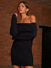 Off-Shoulder Cable Knit Jumper Dress in Black