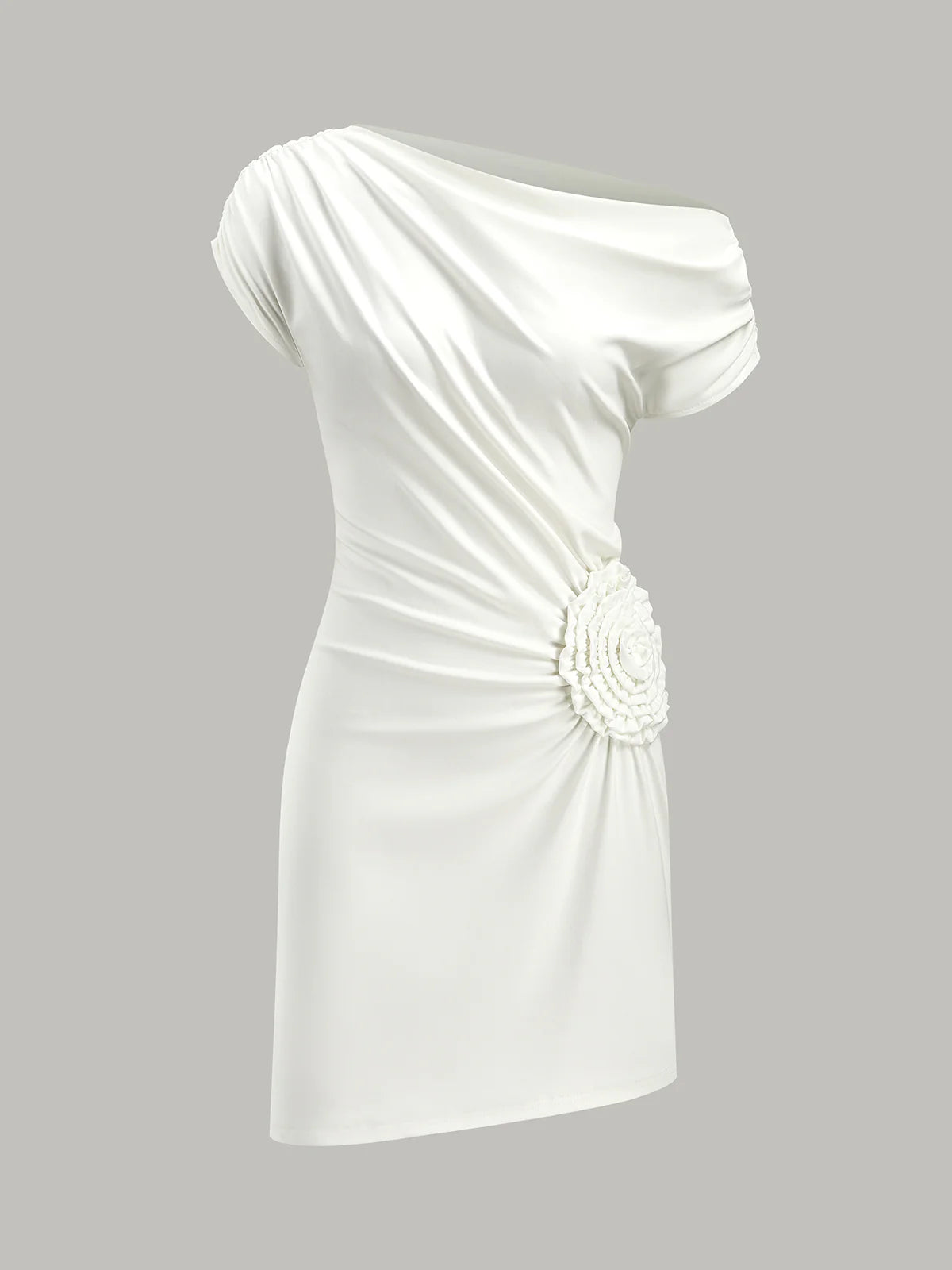 One-Shoulder Ruched Dress With Rosette Detail