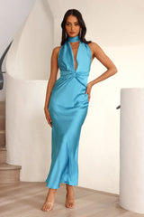 Beauty Of The Night Halter Satin Maxi Dress Blue