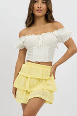 Yellow Mini Skirt Elastic Waist Layered Broidery Eyelet