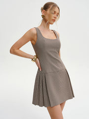 Houndstooth Square-Neck Pleated Mini Dress