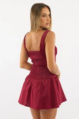 Red Playsuit Square Neck Drop Waist