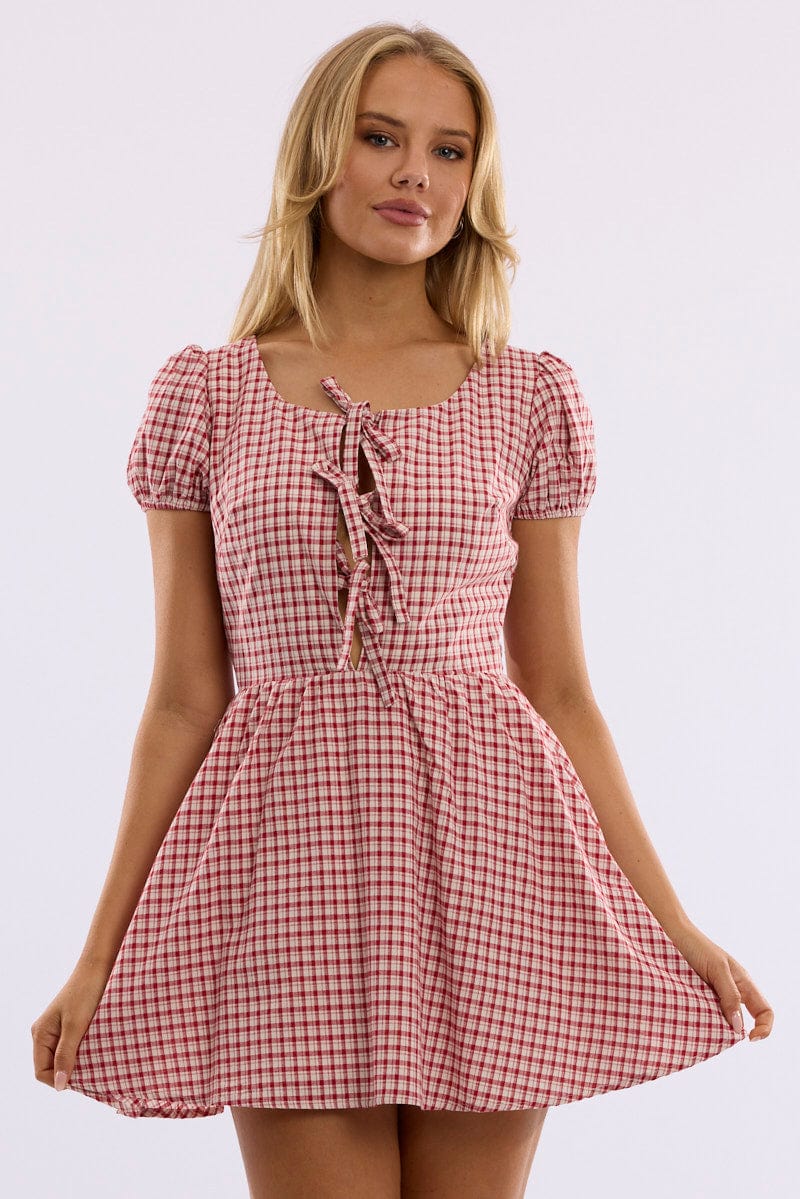 Red Check Mini Dress Ribbon Detail
