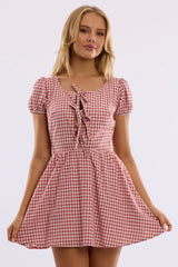 Red Check Mini Dress Ribbon Detail