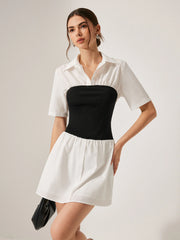 2 in 1 Panel Decor Button Lapel Shirt Dress
