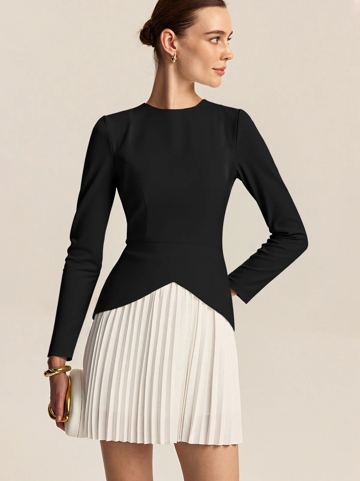 Long Sleeve Color-Block Pleated Dress
