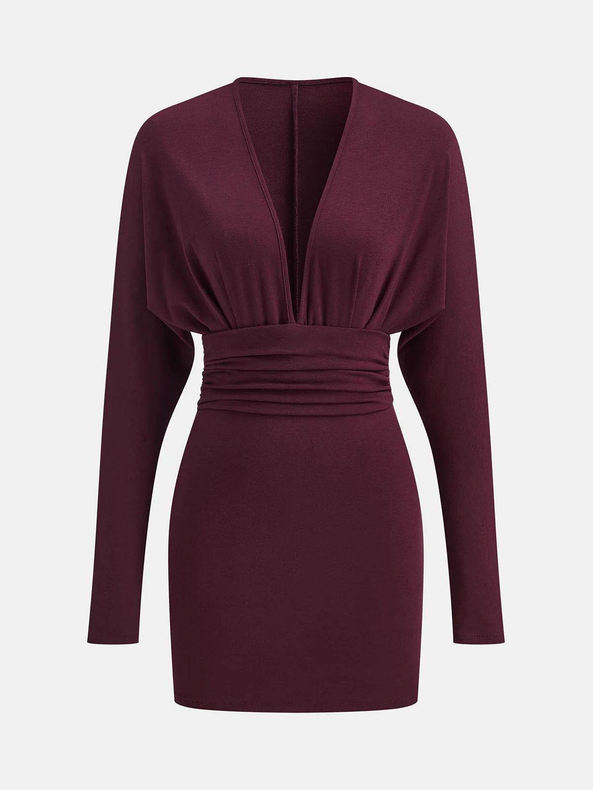 Deep V-Neck Ruched Long-Sleeve Mini Dress