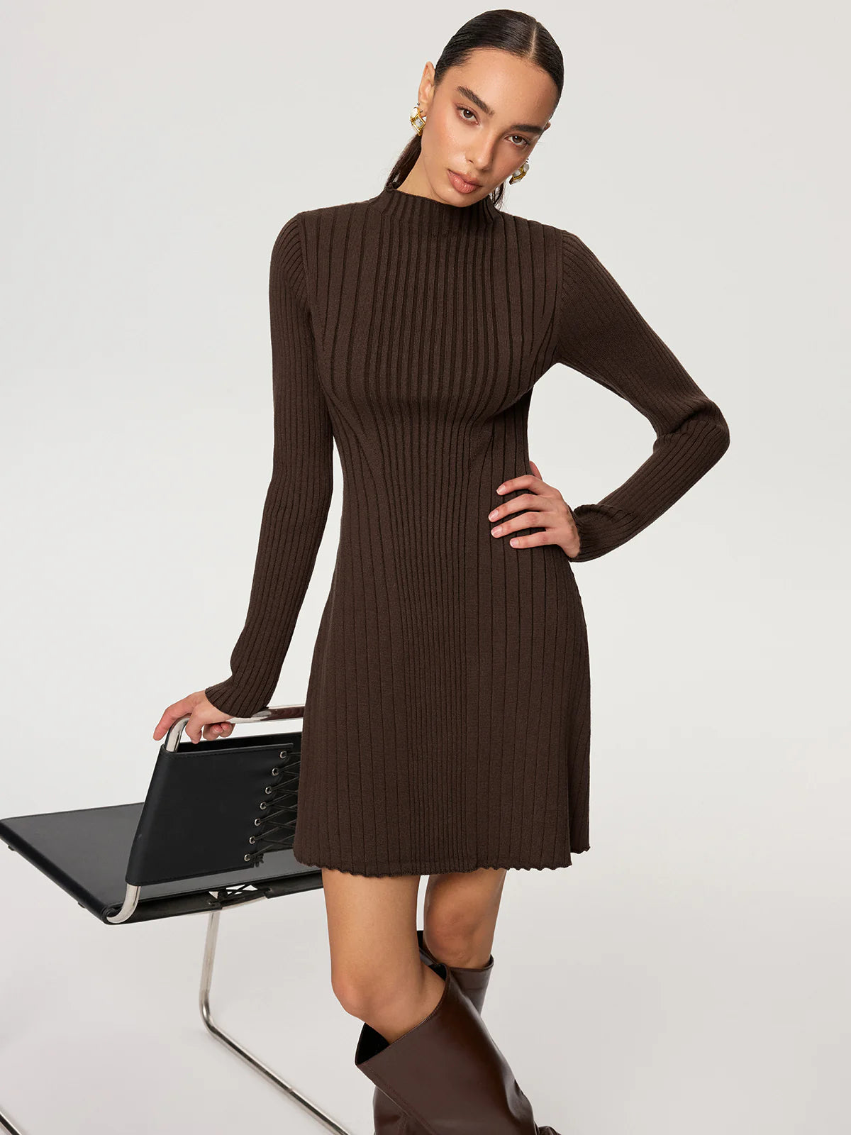 Ribbed Mock Neck Long Sleeve Knit Dress