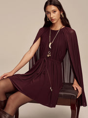 Mesh Cape Sleeve Tie-Waist Mini Dress