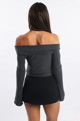 Grey Off Shoulder Top Long Sleeve Ruched