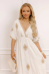 Island Oasis Linen-Blend Embroidered Midi Dress