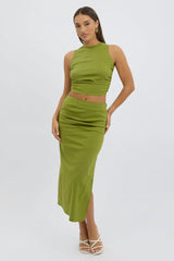 Green Gathered Sleeveless Top Round Neck Bengaline