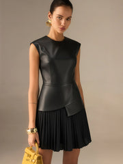 Pleated Panel Sleeveless PU Leather Dress
