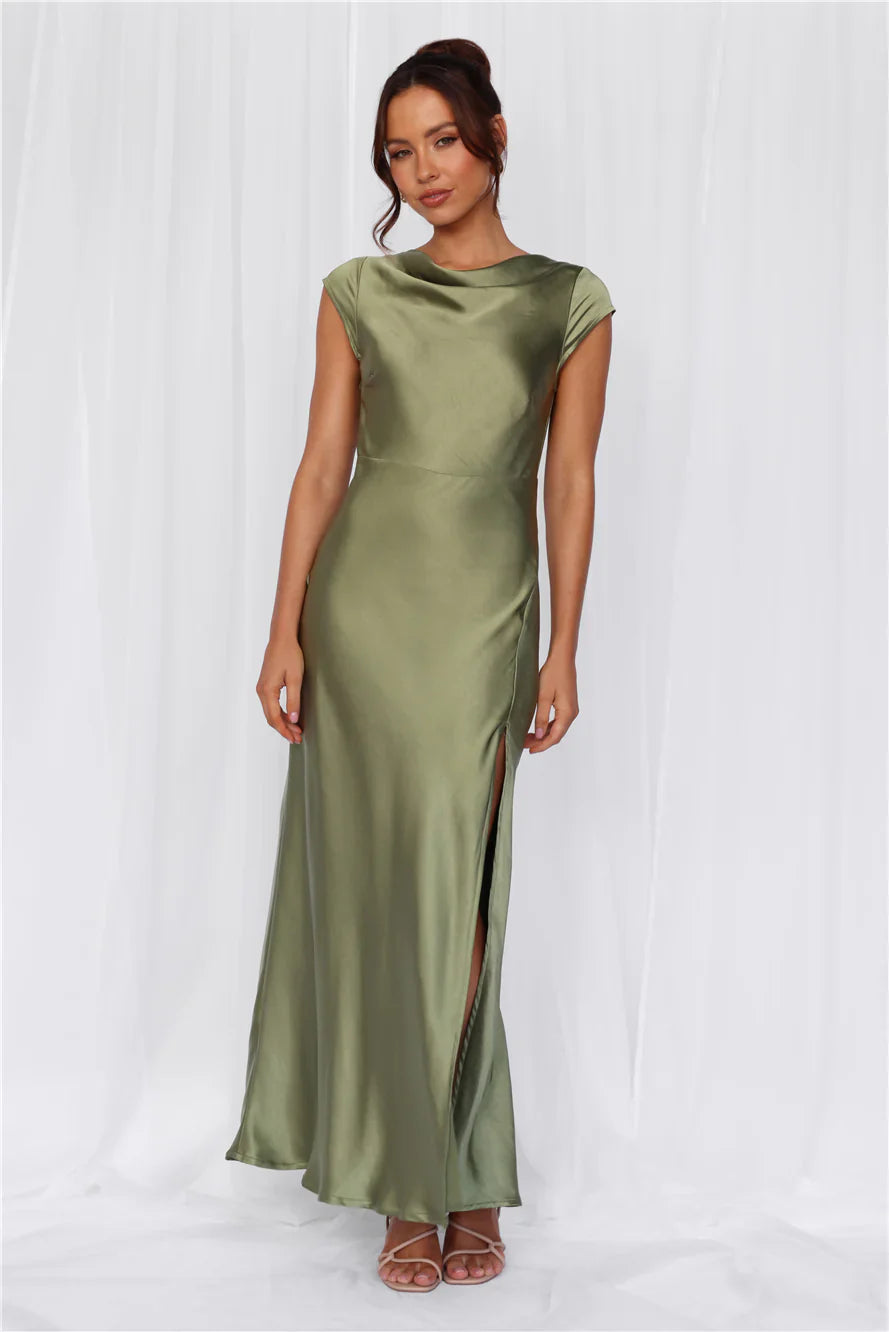 Beacnlady The Valentina Cap Sleeve Satin Maxi Dress Olive