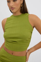 Green Gathered Sleeveless Top Round Neck Bengaline
