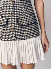 Houndstooth Sleeveless Pleated Hem Mini Dress