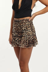 Brown Animal Print Ruffle Skirt High Waisted Mini Ruched Mesh