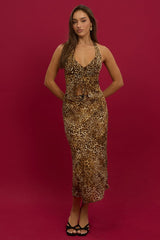 Brown Animal Print Halter Top Sleeveless Ruched Front