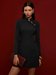 Mandarin Collar Bow Detail Mini Dress