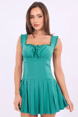 Green Mini Dress Pleated Skirt Gathered Bust